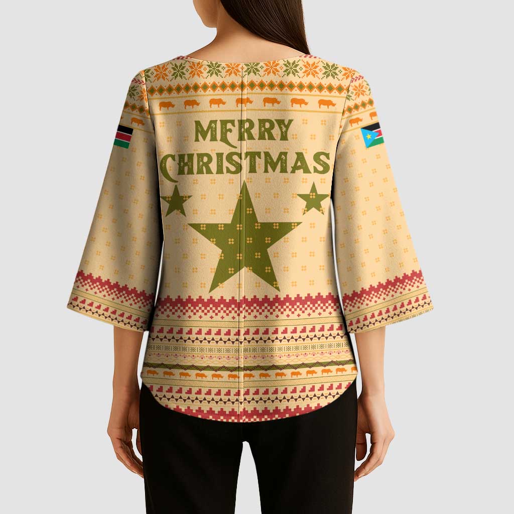 South Sudan Christmas Kimono Sleeve Blouse with Beige Tribal Pattern, National Emblem, and Green Star Motif - Wonder Print Shop