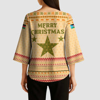 South Sudan Christmas Kimono Sleeve Blouse with Beige Tribal Pattern, National Emblem, and Green Star Motif - Wonder Print Shop