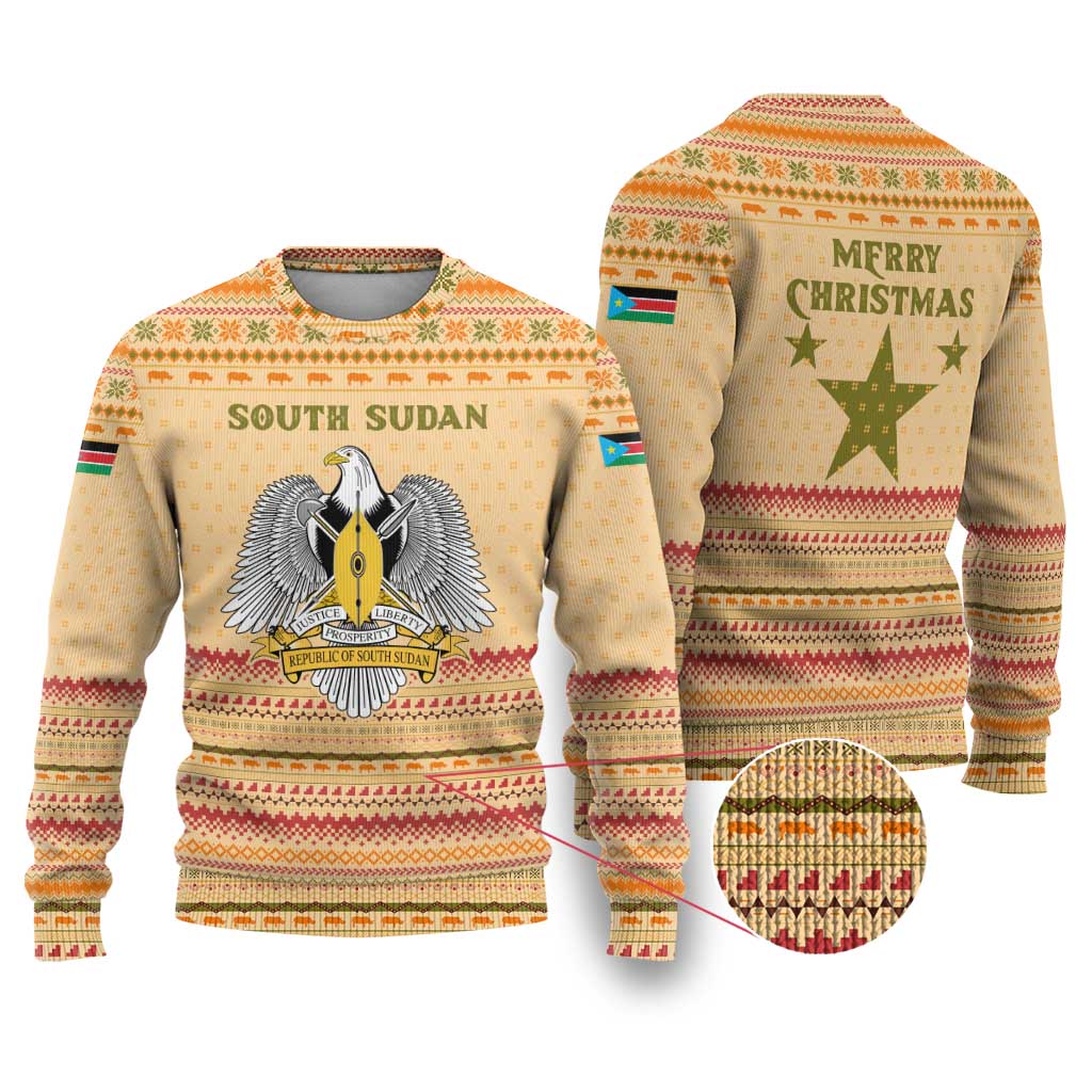 South Sudan Christmas Ugly Christmas Sweater with Beige Tribal Pattern, National Emblem, and Green Star Motif - Wonder Print Shop