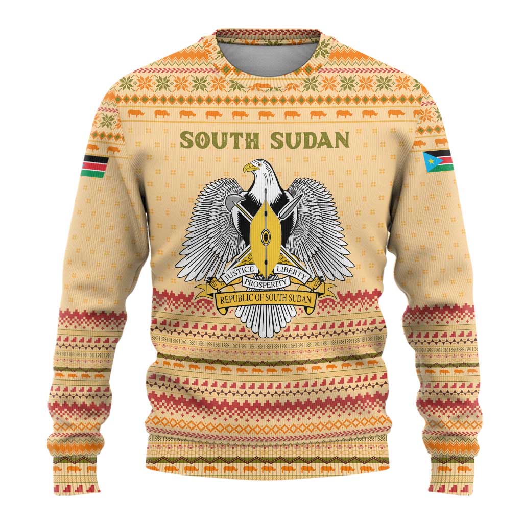 South Sudan Christmas Ugly Christmas Sweater with Beige Tribal Pattern, National Emblem, and Green Star Motif - Wonder Print Shop