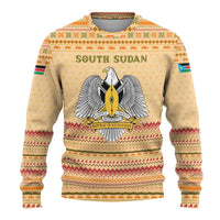South Sudan Christmas Ugly Christmas Sweater with Beige Tribal Pattern, National Emblem, and Green Star Motif - Wonder Print Shop