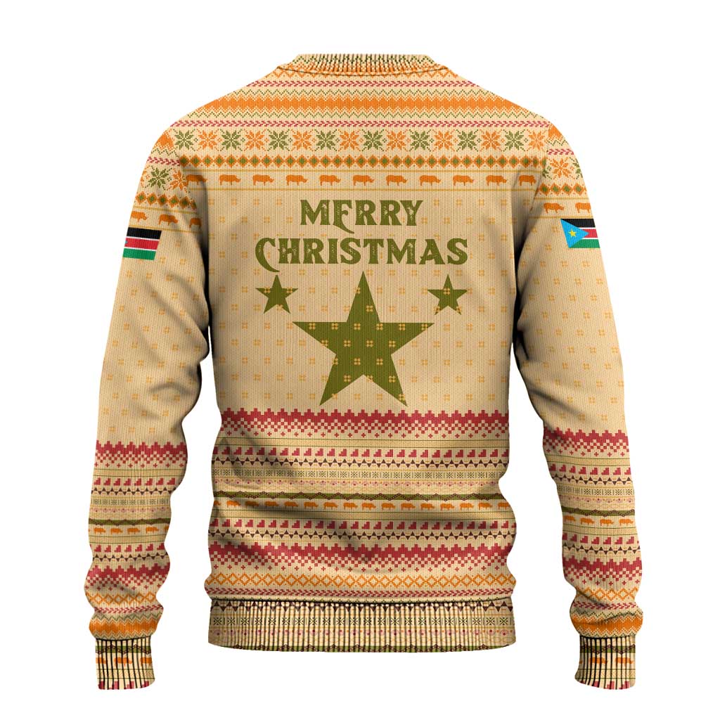 South Sudan Christmas Ugly Christmas Sweater with Beige Tribal Pattern, National Emblem, and Green Star Motif - Wonder Print Shop