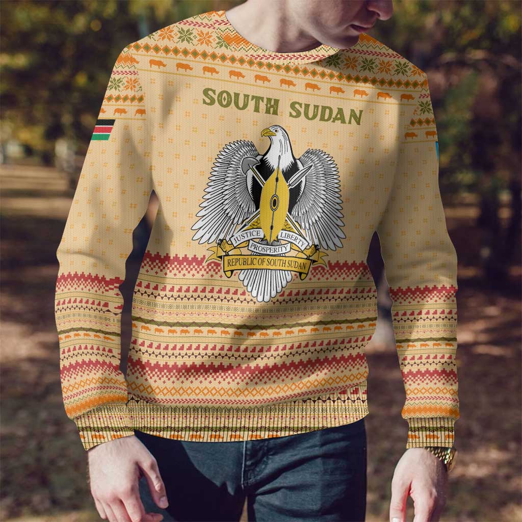 South Sudan Christmas Ugly Christmas Sweater with Beige Tribal Pattern, National Emblem, and Green Star Motif - Wonder Print Shop