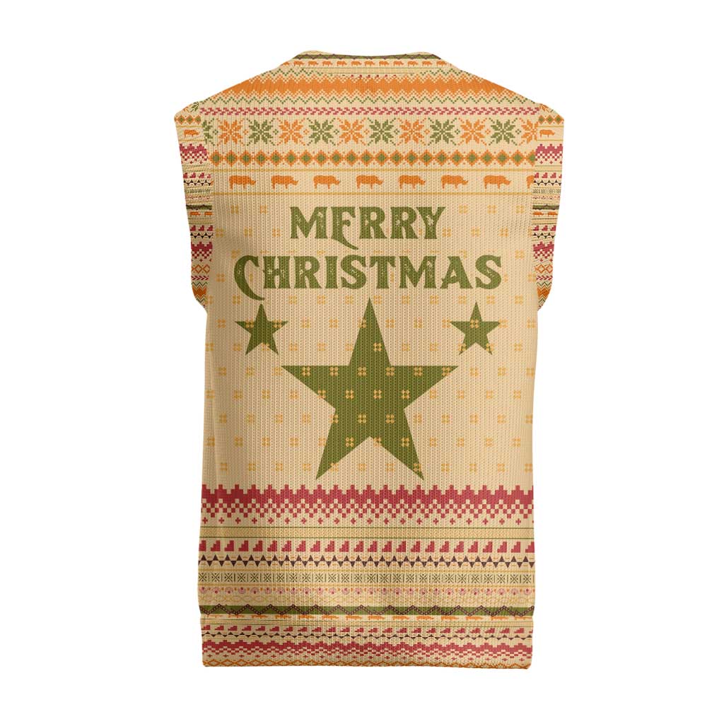 South Sudan Christmas Knitted V-Neck Vest with Beige Tribal Pattern, National Emblem, and Green Star Motif - Wonder Print Shop