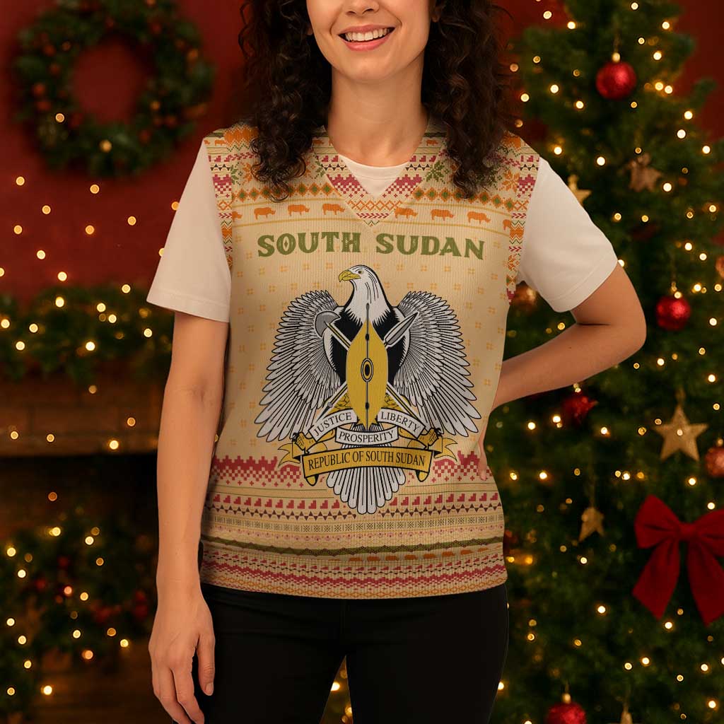 South Sudan Christmas Knitted V-Neck Vest with Beige Tribal Pattern, National Emblem, and Green Star Motif - Wonder Print Shop