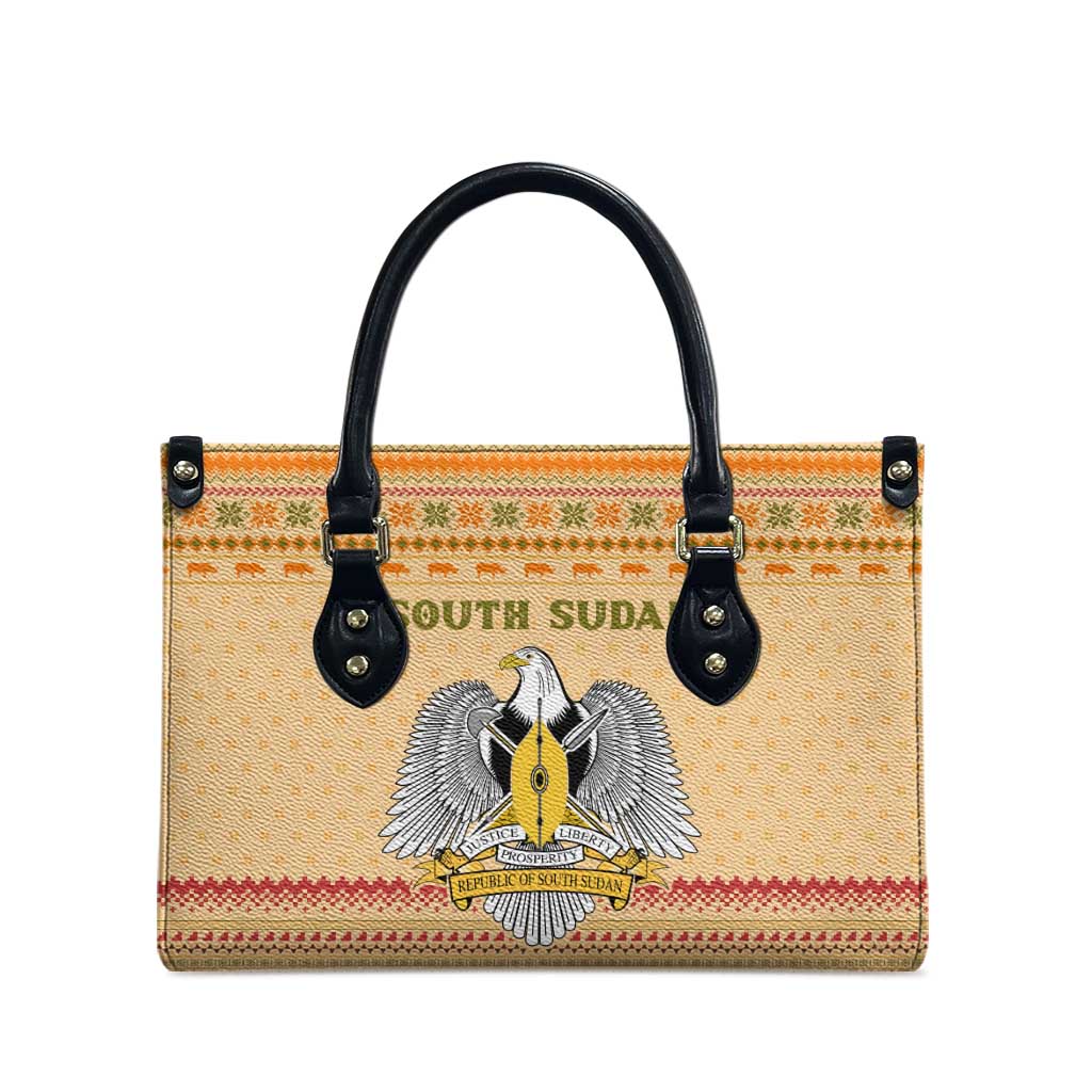 South Sudan Christmas Leather Bag with Beige Tribal Pattern, National Emblem, and Green Star Motif - Wonder Print Shop
