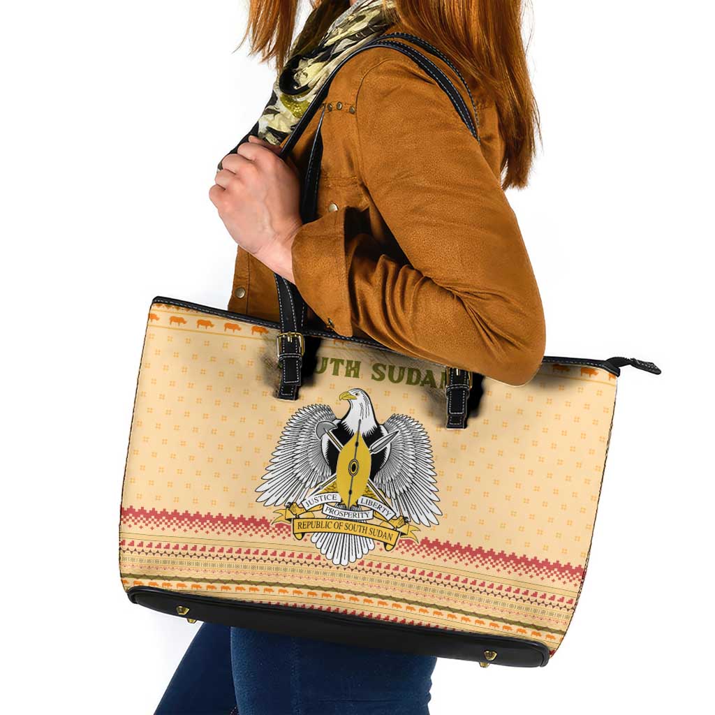 South Sudan Christmas Leather Tote Bag with Beige Tribal Pattern, National Emblem, and Green Star Motif - Wonder Print Shop