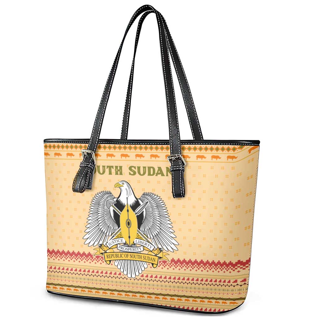 South Sudan Christmas Leather Tote Bag with Beige Tribal Pattern, National Emblem, and Green Star Motif - Wonder Print Shop