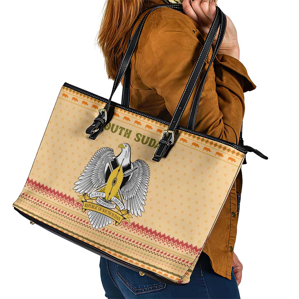 South Sudan Christmas Leather Tote Bag with Beige Tribal Pattern, National Emblem, and Green Star Motif - Wonder Print Shop