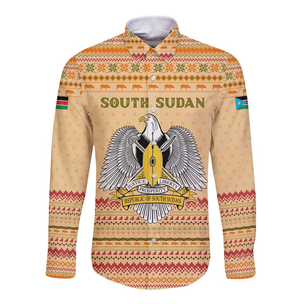 South Sudan Christmas Long Sleeve Button Shirt with Beige Tribal Pattern, National Emblem, and Green Star Motif - Wonder Print Shop