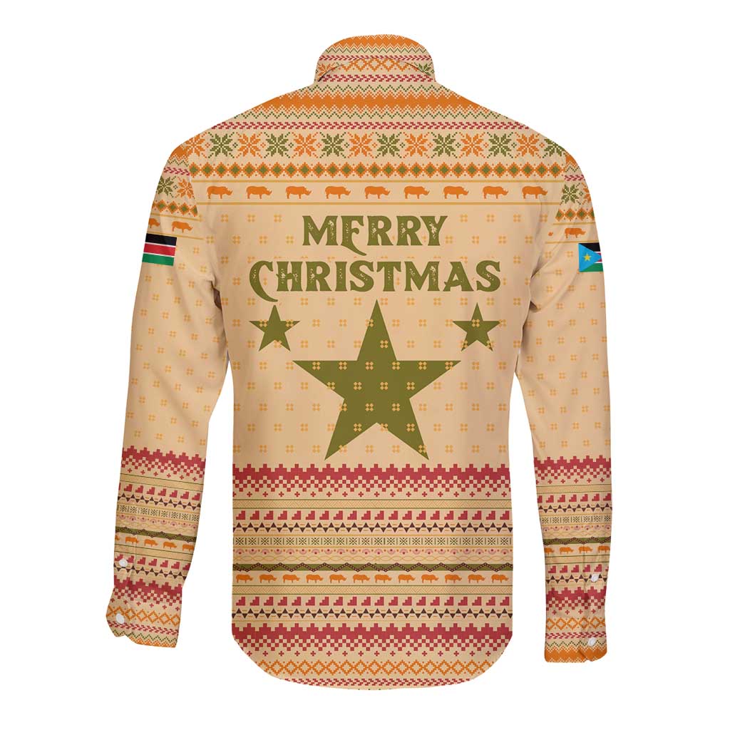 South Sudan Christmas Long Sleeve Button Shirt with Beige Tribal Pattern, National Emblem, and Green Star Motif - Wonder Print Shop