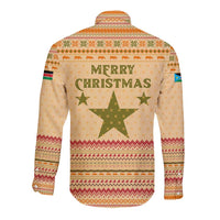 South Sudan Christmas Long Sleeve Button Shirt with Beige Tribal Pattern, National Emblem, and Green Star Motif - Wonder Print Shop