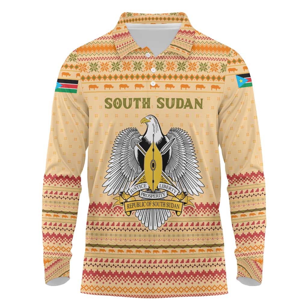 South Sudan Christmas Long Sleeve Polo Shirt with Beige Tribal Pattern, National Emblem, and Green Star Motif - Wonder Print Shop
