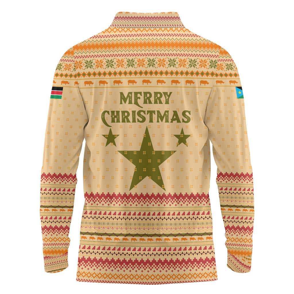 South Sudan Christmas Long Sleeve Polo Shirt with Beige Tribal Pattern, National Emblem, and Green Star Motif - Wonder Print Shop