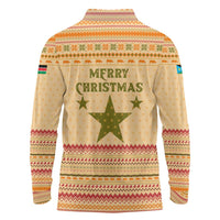 South Sudan Christmas Long Sleeve Polo Shirt with Beige Tribal Pattern, National Emblem, and Green Star Motif - Wonder Print Shop