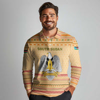 South Sudan Christmas Long Sleeve Polo Shirt with Beige Tribal Pattern, National Emblem, and Green Star Motif - Wonder Print Shop