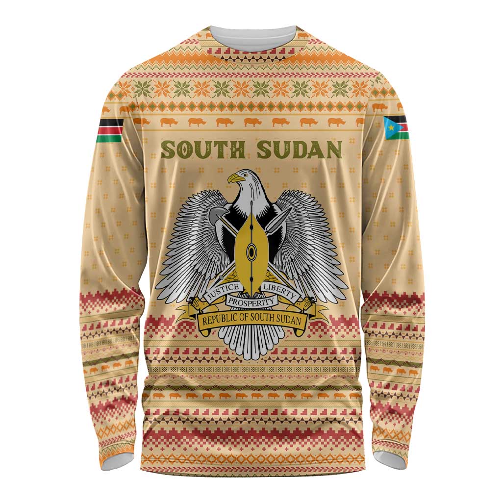 South Sudan Christmas Long Sleeve Shirt with Beige Tribal Pattern, National Emblem, and Green Star Motif - Wonder Print Shop