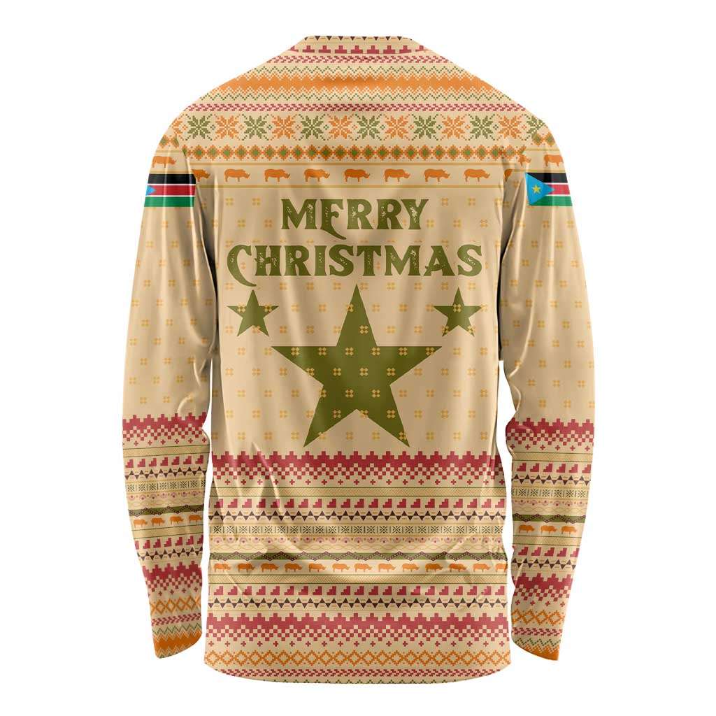 South Sudan Christmas Long Sleeve Shirt with Beige Tribal Pattern, National Emblem, and Green Star Motif - Wonder Print Shop