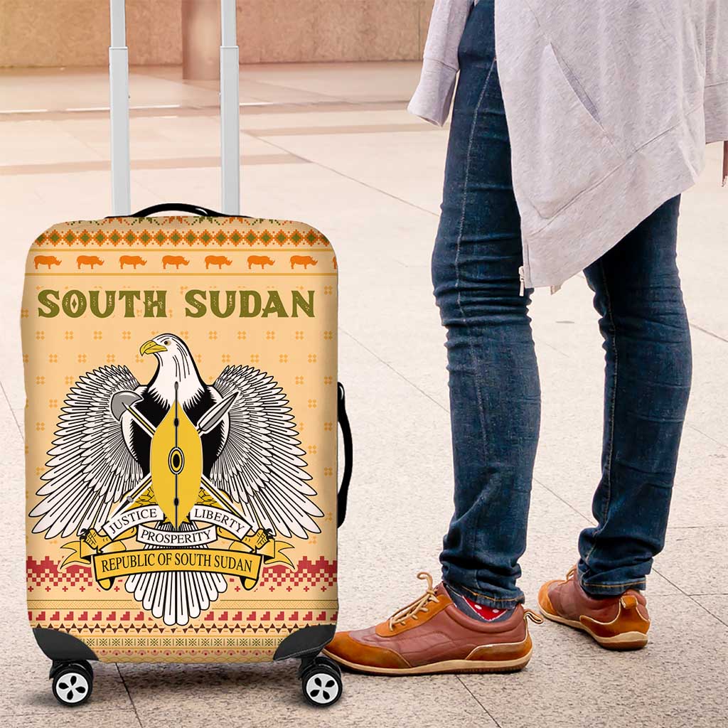 South Sudan Christmas Luggage Cover with Beige Tribal Pattern, National Emblem, and Green Star Motif - Wonder Print Shop
