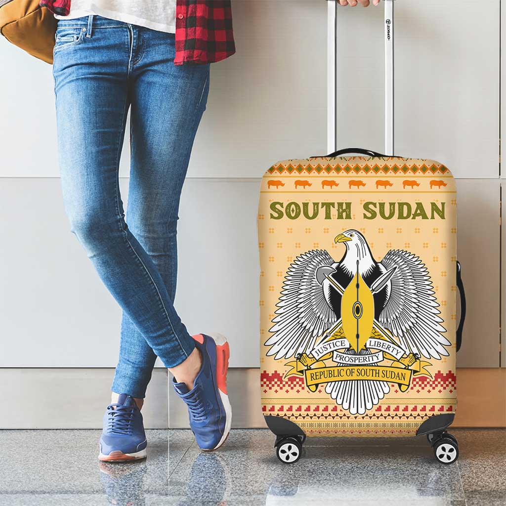 South Sudan Christmas Luggage Cover with Beige Tribal Pattern, National Emblem, and Green Star Motif - Wonder Print Shop