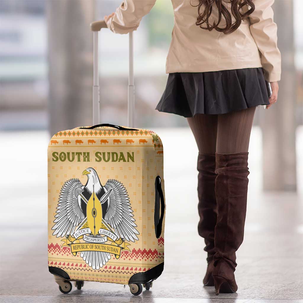 South Sudan Christmas Luggage Cover with Beige Tribal Pattern, National Emblem, and Green Star Motif - Wonder Print Shop