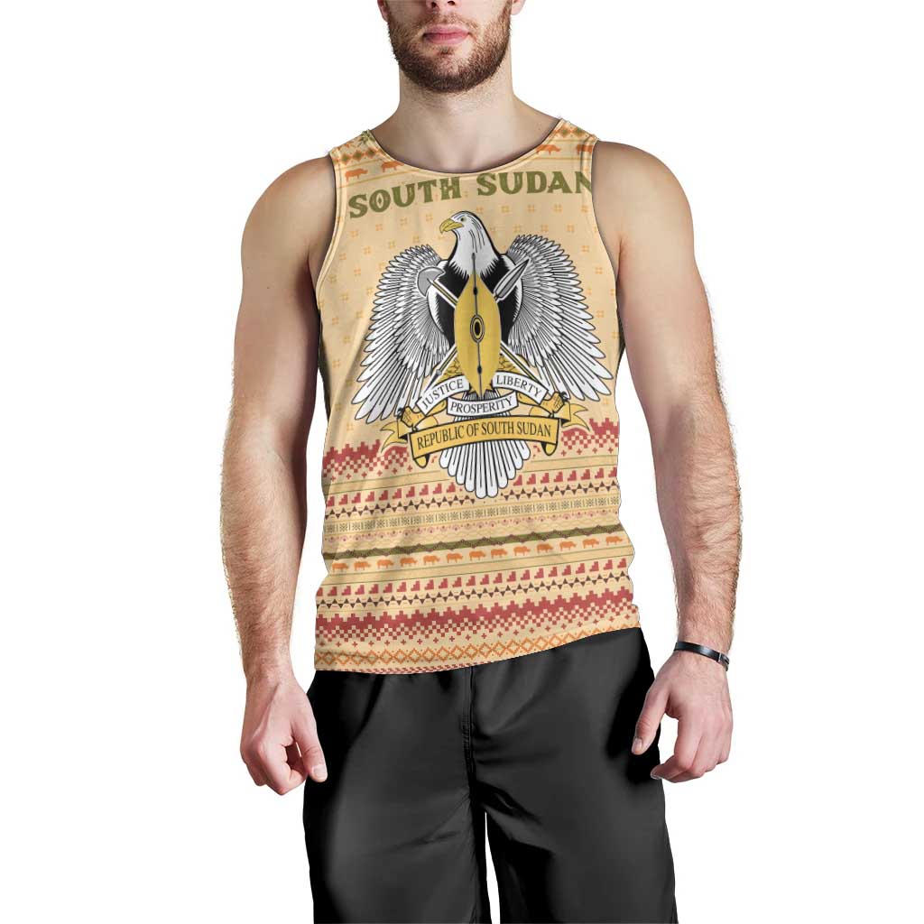 South Sudan Christmas Men Tank Top with Beige Tribal Pattern, National Emblem, and Green Star Motif - Wonder Print Shop