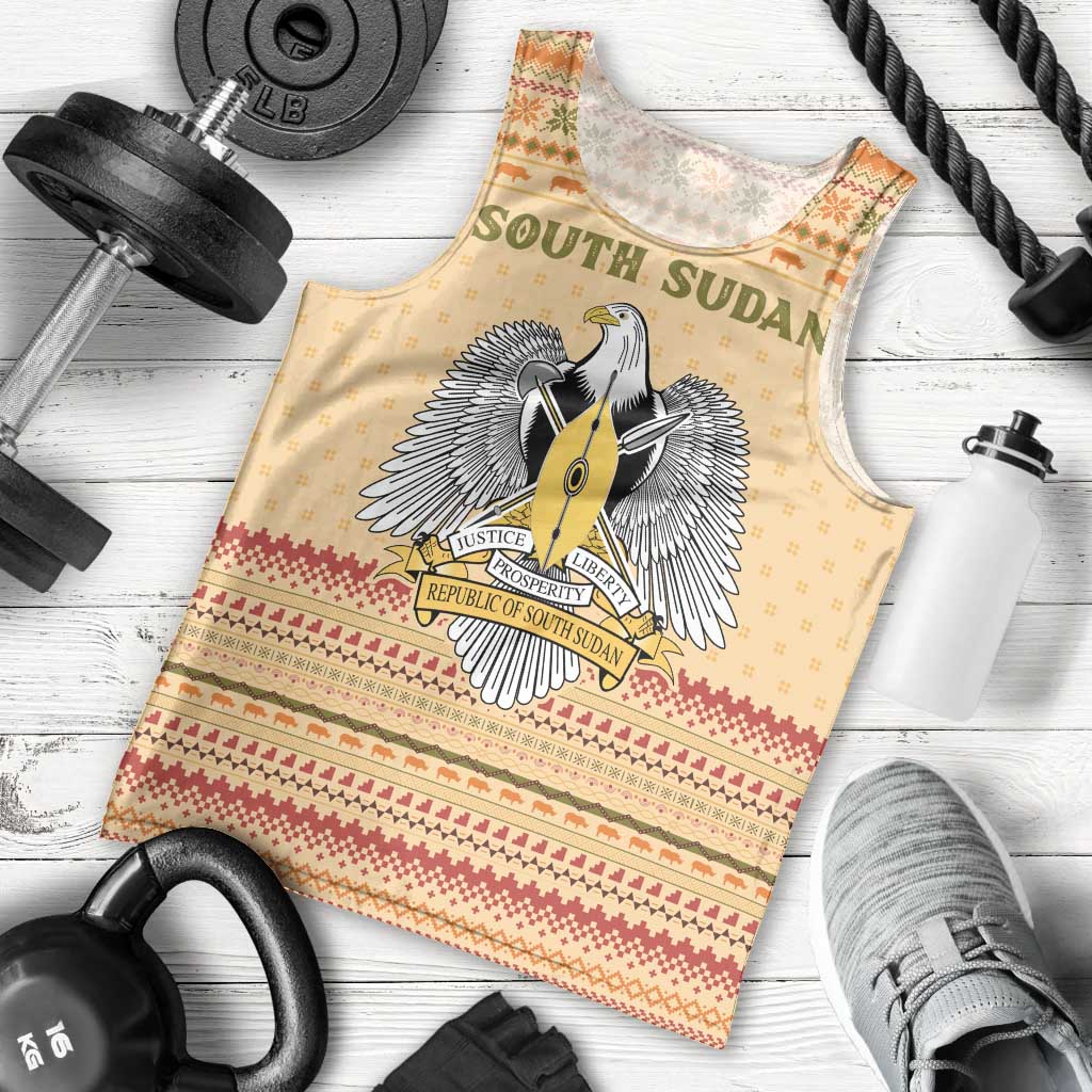 South Sudan Christmas Men Tank Top with Beige Tribal Pattern, National Emblem, and Green Star Motif - Wonder Print Shop