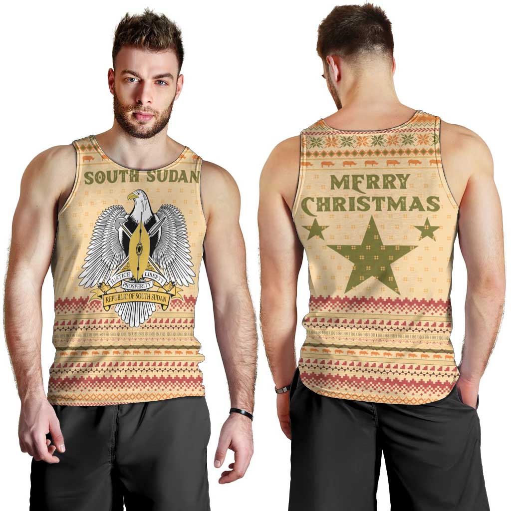 South Sudan Christmas Men Tank Top with Beige Tribal Pattern, National Emblem, and Green Star Motif - Wonder Print Shop
