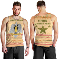 South Sudan Christmas Men Tank Top with Beige Tribal Pattern, National Emblem, and Green Star Motif - Wonder Print Shop