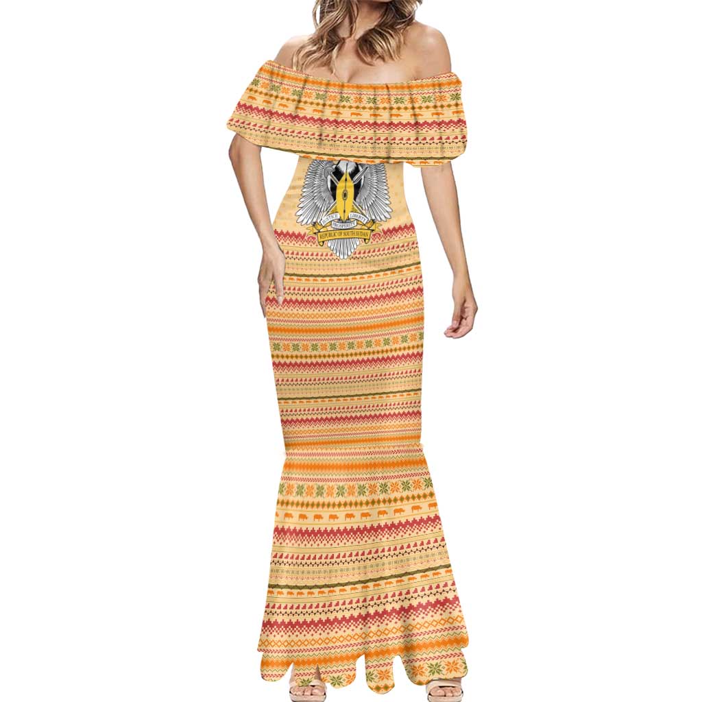 South Sudan Christmas Mermaid Dress with Beige Tribal Pattern, National Emblem, and Green Star Motif - Wonder Print Shop