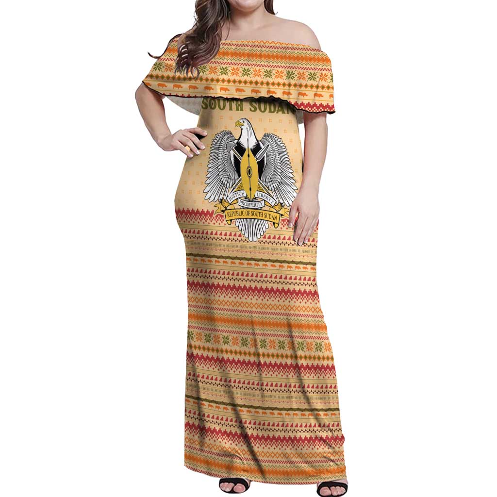 South Sudan Christmas Off Shoulder Maxi Dress with Beige Tribal Pattern, National Emblem, and Green Star Motif - Wonder Print Shop