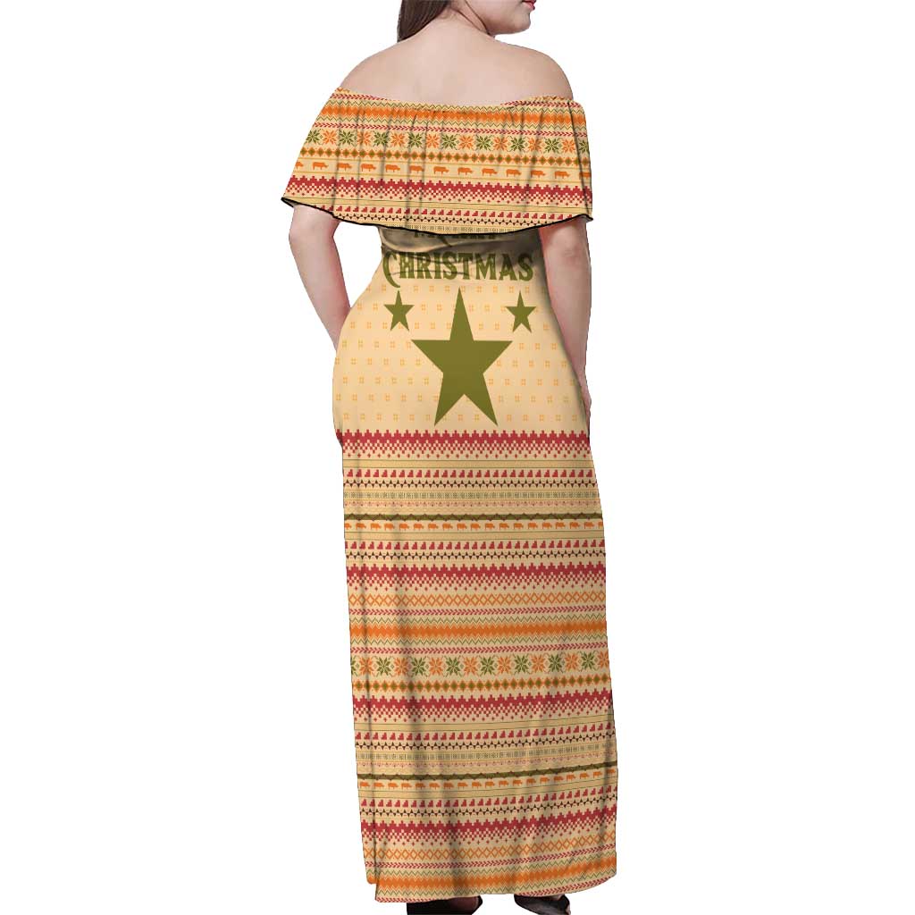 South Sudan Christmas Off Shoulder Maxi Dress with Beige Tribal Pattern, National Emblem, and Green Star Motif - Wonder Print Shop