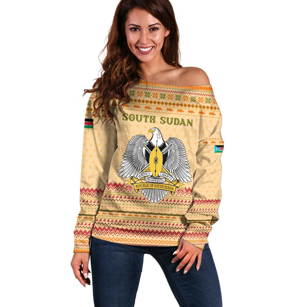 South Sudan Christmas Off Shoulder Sweater with Beige Tribal Pattern, National Emblem, and Green Star Motif - Wonder Print Shop
