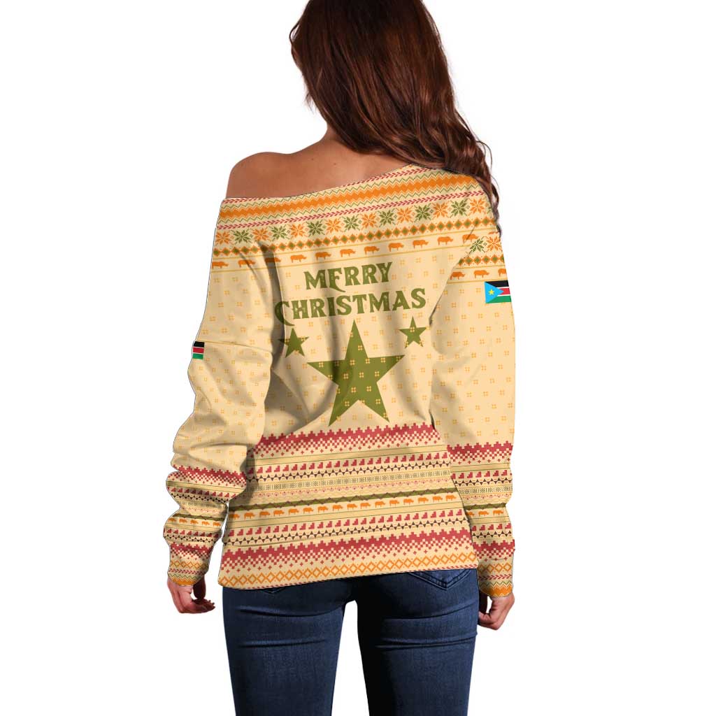 South Sudan Christmas Off Shoulder Sweater with Beige Tribal Pattern, National Emblem, and Green Star Motif - Wonder Print Shop