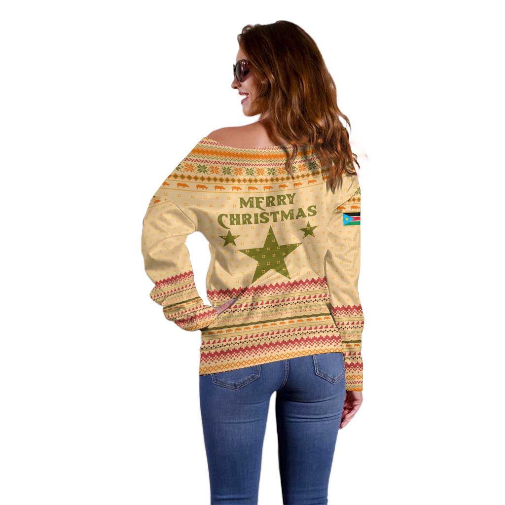 South Sudan Christmas Off Shoulder Sweater with Beige Tribal Pattern, National Emblem, and Green Star Motif - Wonder Print Shop