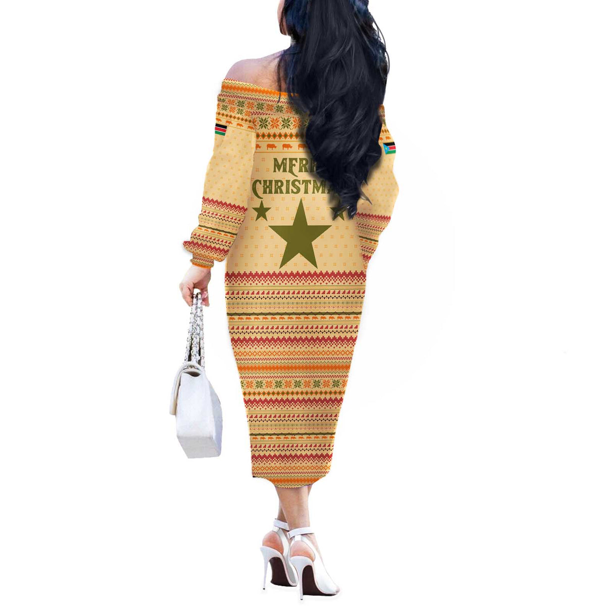 South Sudan Christmas Off The Shoulder Long Sleeve Dress with Beige Tribal Pattern, National Emblem, and Green Star Motif - Wonder Print Shop
