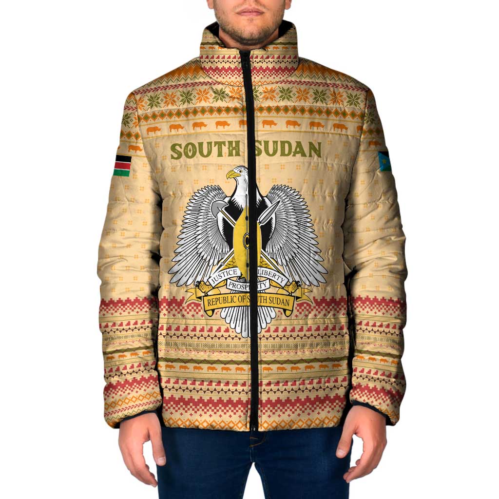 South Sudan Christmas Padded Jacket with Beige Tribal Pattern, National Emblem, and Green Star Motif - Wonder Print Shop
