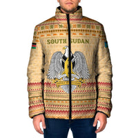 South Sudan Christmas Padded Jacket with Beige Tribal Pattern, National Emblem, and Green Star Motif - Wonder Print Shop