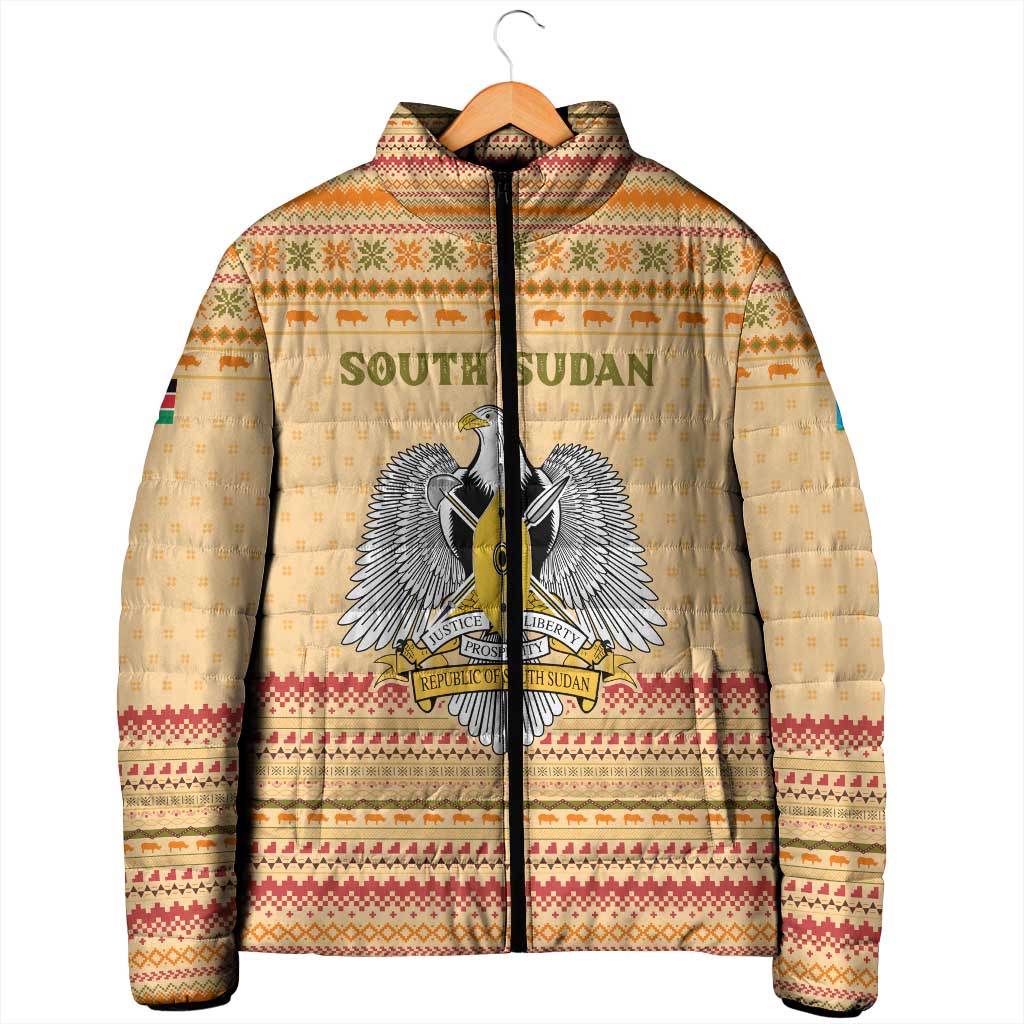 South Sudan Christmas Padded Jacket with Beige Tribal Pattern, National Emblem, and Green Star Motif - Wonder Print Shop