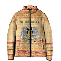 South Sudan Christmas Padded Jacket with Beige Tribal Pattern, National Emblem, and Green Star Motif - Wonder Print Shop