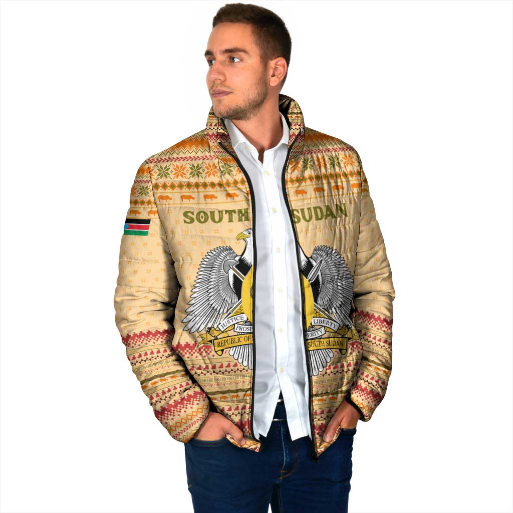 South Sudan Christmas Padded Jacket with Beige Tribal Pattern, National Emblem, and Green Star Motif - Wonder Print Shop