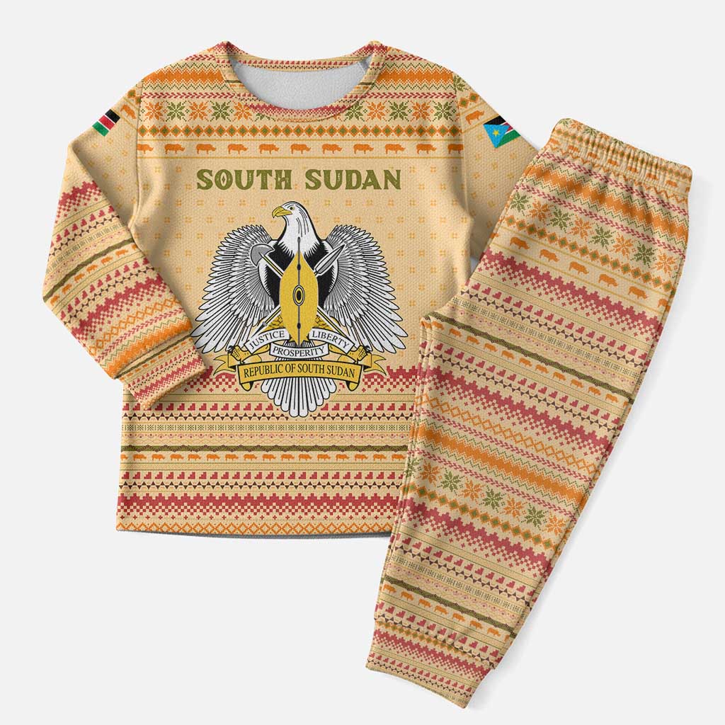 South Sudan Christmas Pajama Set with Beige Tribal Pattern, National Emblem, and Green Star Motif - Wonder Print Shop