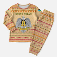 South Sudan Christmas Pajama Set with Beige Tribal Pattern, National Emblem, and Green Star Motif - Wonder Print Shop