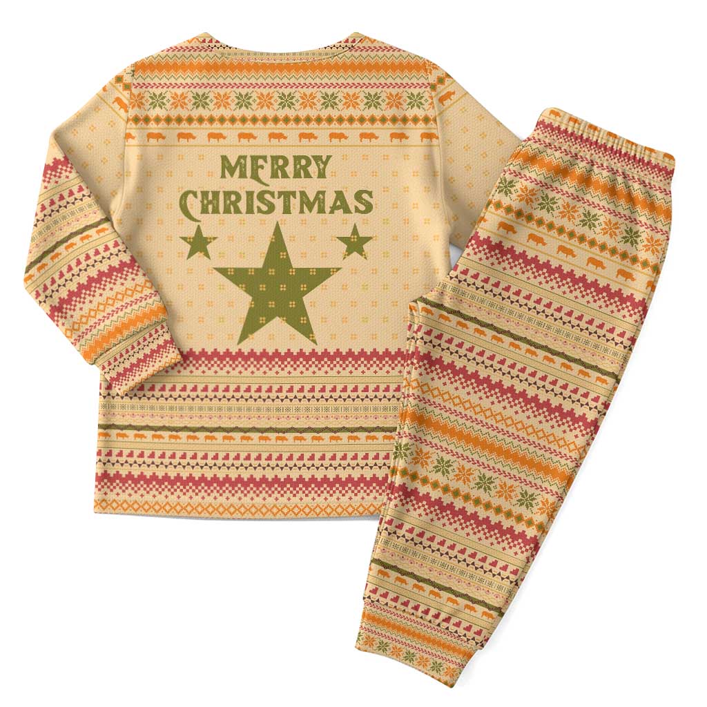 South Sudan Christmas Pajama Set with Beige Tribal Pattern, National Emblem, and Green Star Motif - Wonder Print Shop