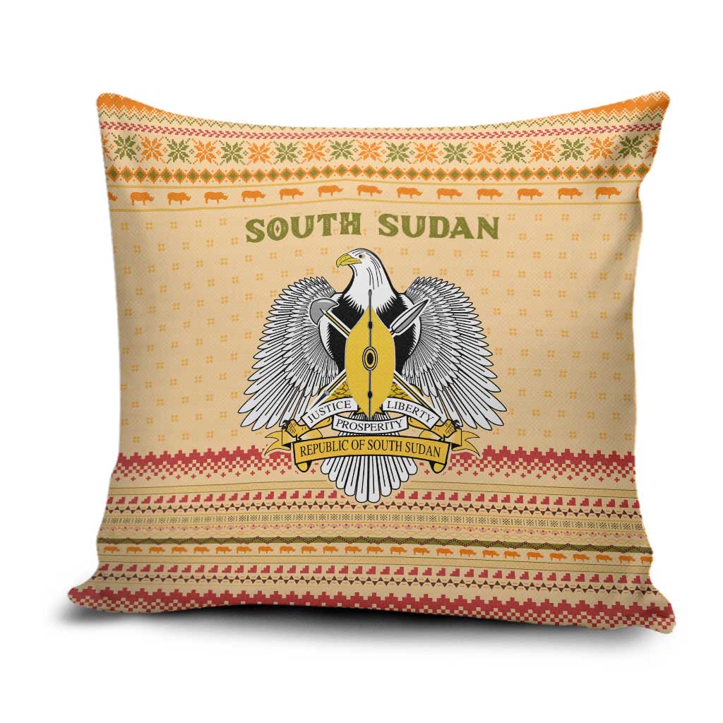 South Sudan Christmas Pillow Cover with Beige Tribal Pattern, National Emblem, and Green Star Motif - Wonder Print Shop