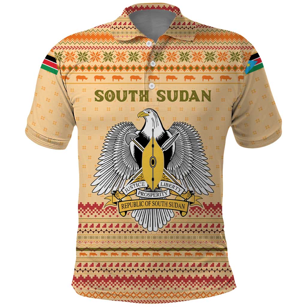 South Sudan Christmas Polo Shirt with Beige Tribal Pattern, National Emblem, and Green Star Motif - Wonder Print Shop
