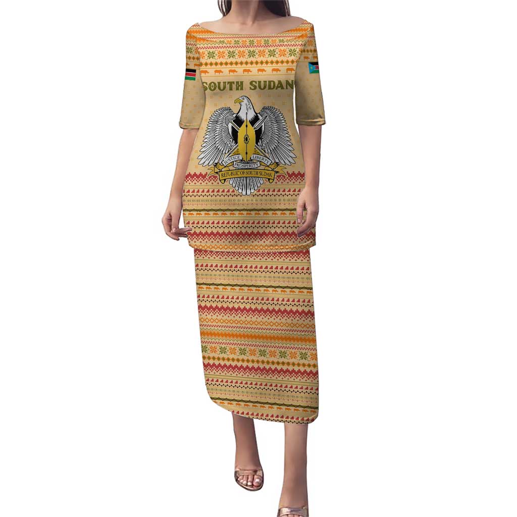 South Sudan Christmas Puletasi with Beige Tribal Pattern, National Emblem, and Green Star Motif - Wonder Print Shop