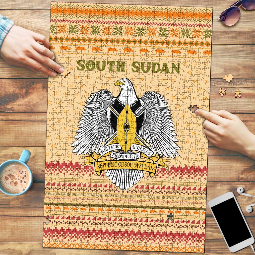 South Sudan Christmas Puzzle with Beige Tribal Pattern, National Emblem, and Green Star Motif - Wonder Print Shop