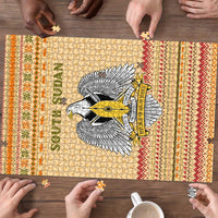 South Sudan Christmas Puzzle with Beige Tribal Pattern, National Emblem, and Green Star Motif - Wonder Print Shop
