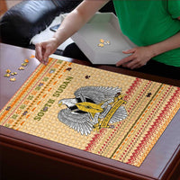 South Sudan Christmas Puzzle with Beige Tribal Pattern, National Emblem, and Green Star Motif - Wonder Print Shop